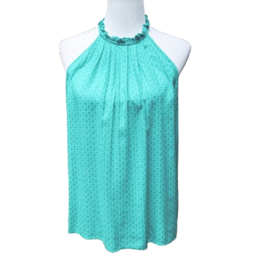 Ava Christine Aqua Green Print Blouse Halter Ruffle Trim Button Back
